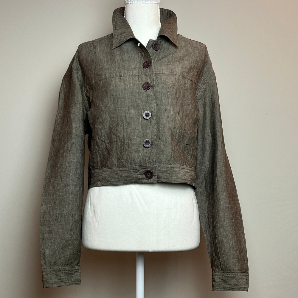 Sandwich Womens M Brown 100% Linen Cropped Jacket Lagenlook Button Front